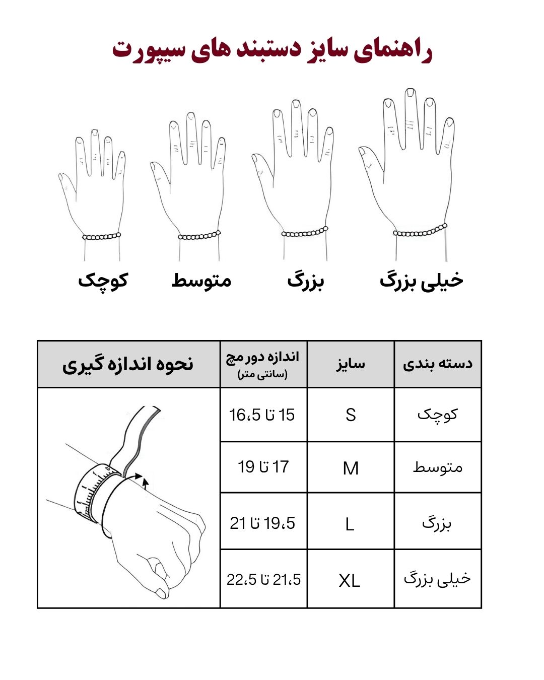 راهنمای سایز دستبند سیپورت